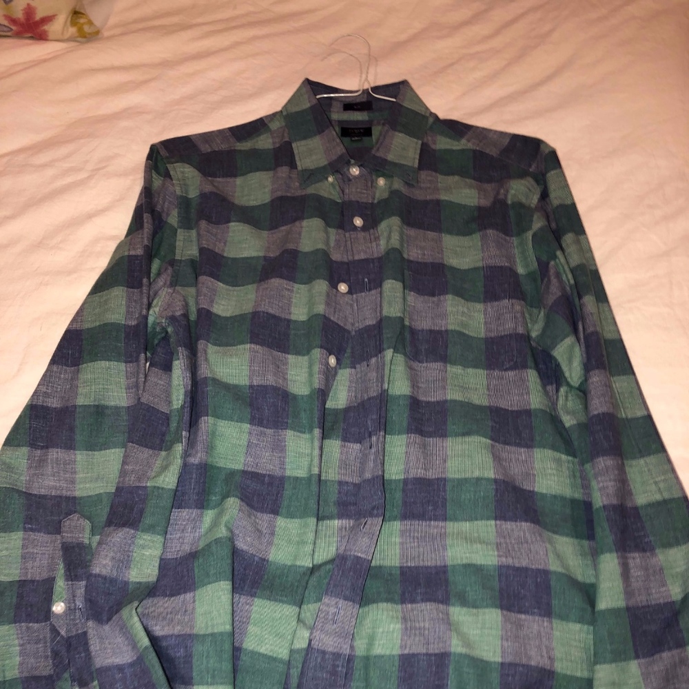 J Crew Men's Plaid Shirt - Green and Blue Plaid